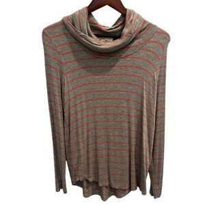 Loft Cowl Neck Tan and Coral Striped Tunic Size XSM